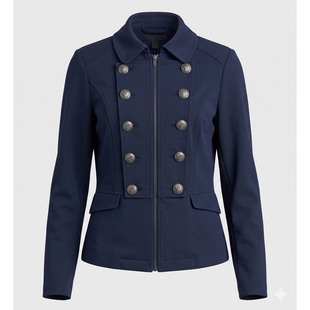 INC International Concepts Navy Blue Military Zip Jacket Crest Buttons Womens S